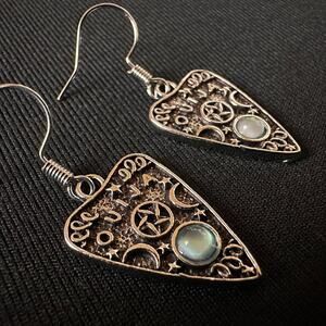 Guitar Pick Witchy Ouija Punk Oxidized Silver Dangle Earrings